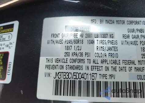 2013 Mazda Cx-9 Touring из США, поврежденный, VIN JM3TB3CV5D0401167